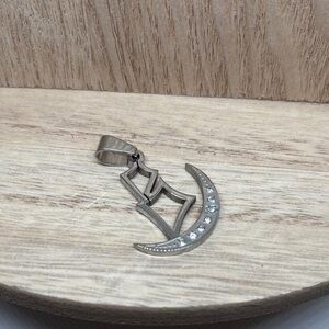 Silver Moon and Crown Pendant with Clear Stones